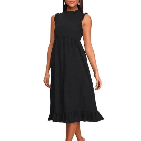 Lulus Dresses & Skirts - LuLus Be My Sweetie Black Eyelet Lace Babydoll Midi Dress SZ XS ruffle neck